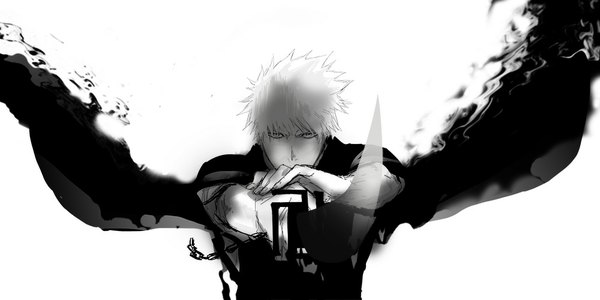 Anime picture 1000x500 with bleach studio pierrot kurosaki ichigo hatabolic (pixiv) single looking at viewer short hair simple background wide image white background holding traditional clothes japanese clothes grey hair grey eyes monochrome transparent boy weapon sword
