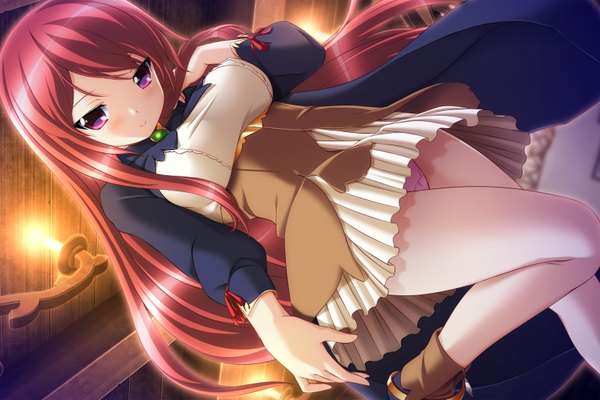 Anime picture 1536x1024 with revolving summoner (game) long hair light erotic smile red hair pink eyes pantyshot girl skirt underwear panties miniskirt candle (candles)