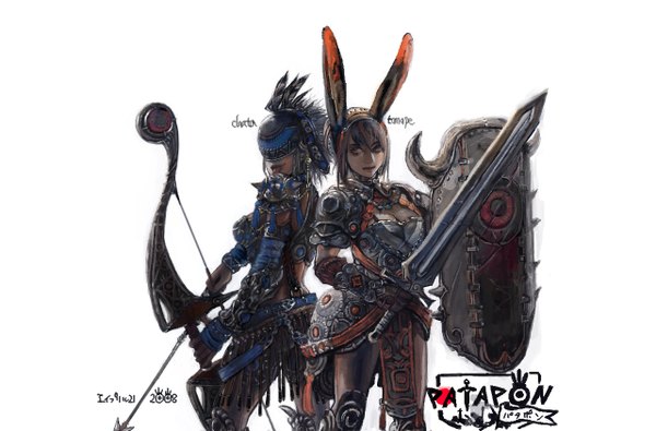 Anime picture 1280x844 with patapon chatalaw brown hair animal ears bunny ears :p girl weapon sword tongue armor bow (weapon) arrow (arrows) shield
