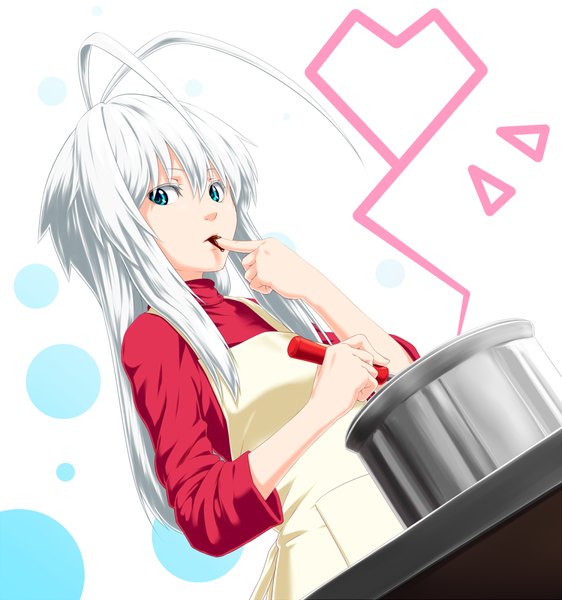 Anime picture 1125x1200 with original kentairui single long hair tall image green eyes ahoge white hair cooking girl food sweets apron chocolate