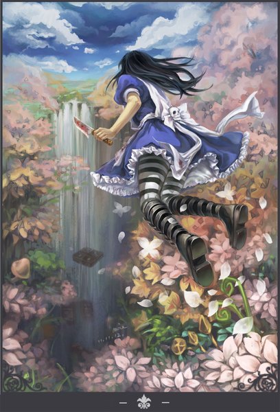 Anime picture 1362x2000 with alice in wonderland american mcgee's alice (game) alice: madness returns alice (wonderland) moie (artist) single long hair tall image black hair sky cloud (clouds) flying girl dress flower (flowers) plant (plants) petals pantyhose boots blood