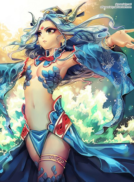 Anime picture 667x900 with ofskysociety single long hair tall image light erotic standing bare shoulders brown eyes blue hair looking away long sleeves horn (horns) wide sleeves bare belly facial mark spread arms girl navel detached sleeves earrings