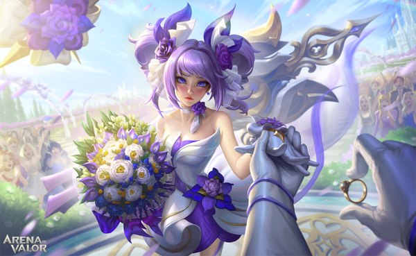 Anime-Bild 3300x2029 mit arena of valor capheny (arena of valor) ina wong looking at viewer highres short hair wide image purple eyes twintails bare shoulders multiple girls absurdres sky purple hair official art depth of field copyright name lipstick solo focus 6+ girls