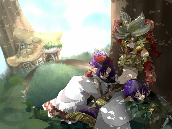 Anime picture 1040x780 with seiken densetsu legend of mana toto (lom) blonde hair purple hair ponytail pointy ears midriff hat boots child (children) robe bud (lom) lisa (lom) nata