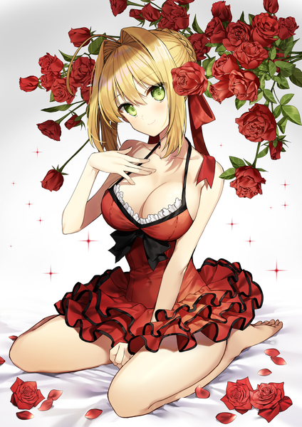 Anime picture 1984x2806 with fate (series) fate/extra nero claudius (fate) (all) nero claudius (fate) gambe single tall image looking at viewer blush fringe highres short hair breasts light erotic blonde hair smile hair between eyes large breasts white background sitting