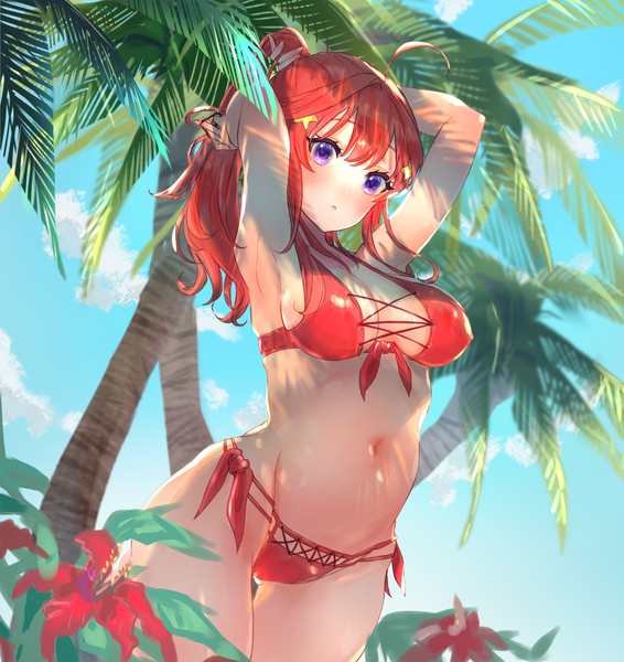 Anime picture 1000x1060 with go-toubun no hanayome nakano itsuki aibon single long hair tall image breasts light erotic large breasts purple eyes looking away sky cloud (clouds) ahoge outdoors ponytail red hair armpit (armpits) groin adjusting hair