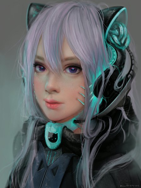 Anime picture 792x1058 with original kidneh single long hair tall image looking at viewer purple eyes signed animal ears pink hair mechanical girl armor