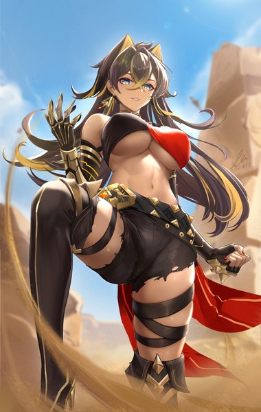 Anime picture 3800x6000 with genshin impact dehya (genshin impact) liu liaoliao single long hair tall image looking at viewer fringe highres breasts blue eyes light erotic black hair smile hair between eyes large breasts animal ears absurdres sky cloud (clouds)