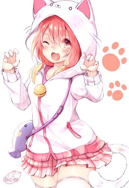 Anime picture 1379x2000 with original chita (ketchup) single long hair tall image looking at viewer blush fringe open mouth simple background hair between eyes white background twintails signed pink hair tail animal tail pleated skirt one eye closed pink eyes