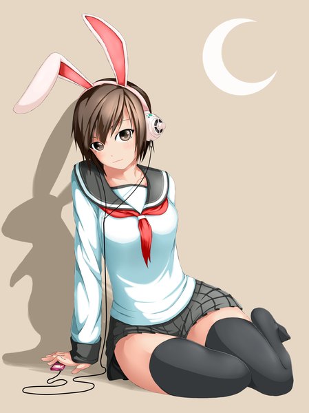 Anime picture 1377x1839 with original ayase tamaki single tall image short hair black hair brown eyes shadow bunny ears girl thighhighs skirt black thighhighs miniskirt serafuku headphones digital media player bunny headphones