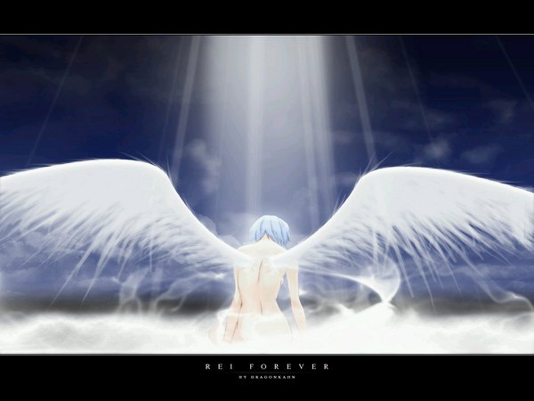 Anime picture 1024x768 with neon genesis evangelion gainax ayanami rei short hair light erotic cloud (clouds) white hair sunlight night sky back angel wings angel fog