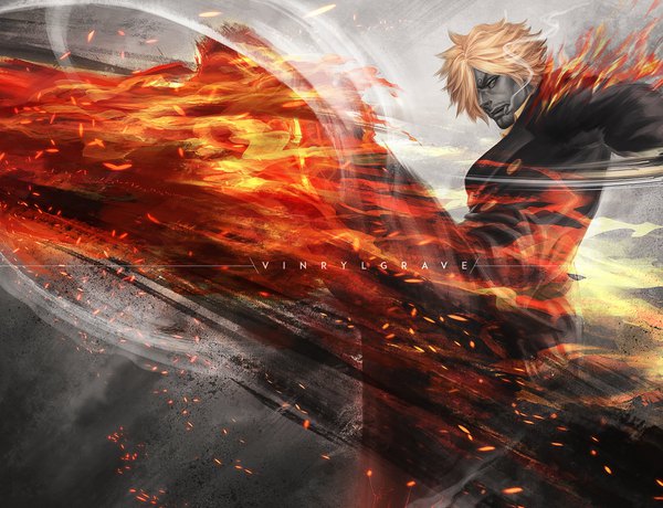 Anime picture 2172x1666 with one piece toei animation sanji vinrylgrave single fringe highres short hair blonde hair standing holding signed looking away black eyes hair over one eye standing on one leg smoke eyebrows smoking leg up