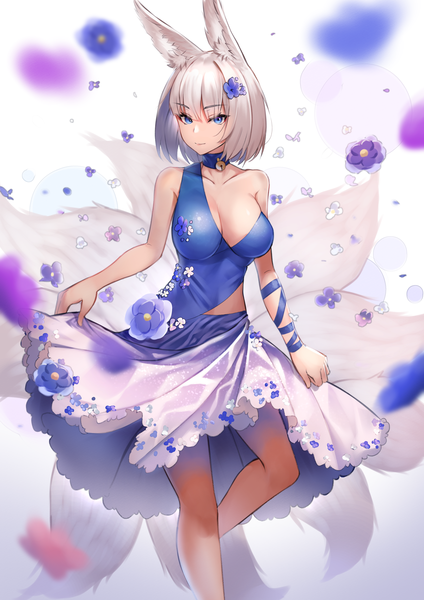 Anime picture 3438x4868 with azur lane kaga (azur lane) lordol single tall image looking at viewer fringe highres short hair breasts blue eyes light erotic simple background smile standing white background bare shoulders animal ears absurdres cleavage