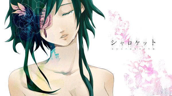 Anime picture 1920x1080 with vocaloid gumi single highres short hair wide image bare shoulders eyes closed head tilt green hair tears crying covering eye (eyes) flower over eye girl flower (flowers)