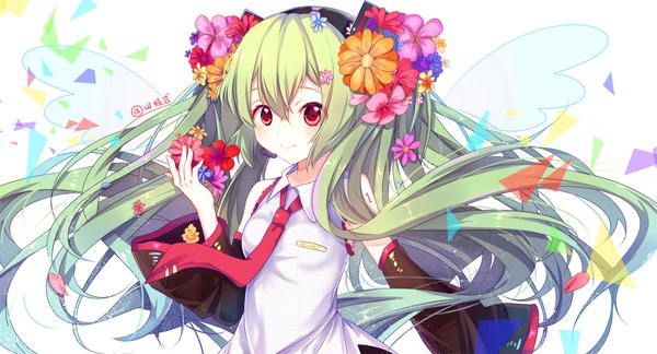 Anime picture 2331x1260 with vocaloid ai kotoba (vocaloid) hatsune miku shanguier single looking at viewer blush fringe highres simple background smile hair between eyes red eyes wide image bare shoulders holding signed very long hair multicolored hair hair flower