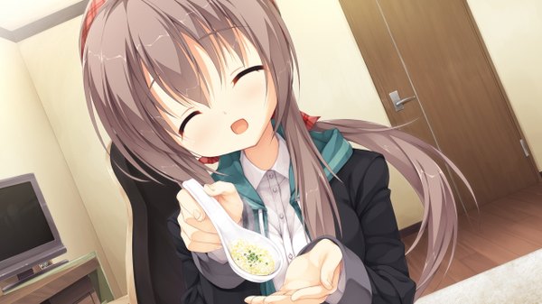 Anime picture 1280x720 with sanoba witch yuzusoft shiiba tsumugi kobuichi single long hair blush open mouth smile wide image game cg eyes closed grey hair dutch angle outstretched arm ^ ^ girl food room door