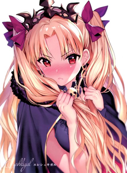 Anime picture 4109x5582 with fate (series) fate/grand order ereshkigal (fate) matarou (genkai toppa) single long hair tall image looking at viewer blush fringe highres blonde hair simple background red eyes white background holding absurdres upper body blurry scan