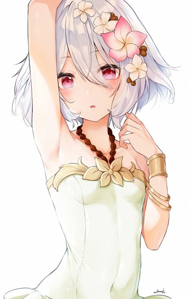 Anime picture 1273x2000 with princess connect! re:dive princess connect! kokkoro (princess connect!) snozaki single tall image looking at viewer blush fringe short hair simple background hair between eyes white background purple eyes signed silver hair upper body arm up hair flower armpit (armpits)