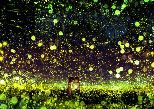 Anime picture 1637x1157 with original kun52 short hair open mouth black hair smile profile night scenic nature girl dress boy plant (plants) insect star (stars) pants grass child (children) fireflies