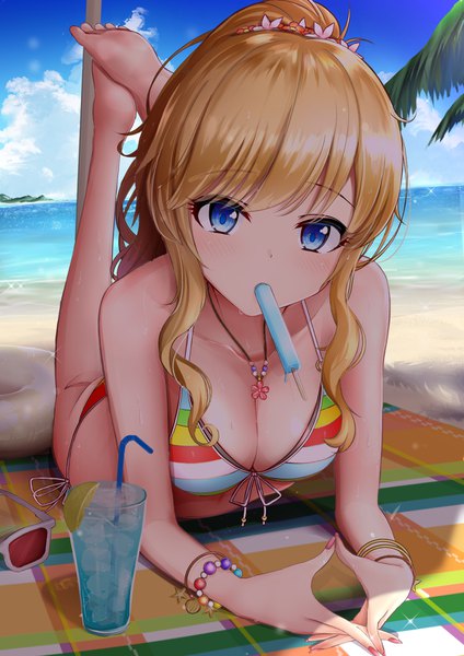 Anime picture 1191x1684 with idolmaster idolmaster cinderella girls ootsuki yui monaka curl single long hair tall image looking at viewer blush fringe breasts blue eyes light erotic blonde hair bare shoulders holding payot sky cleavage cloud (clouds)