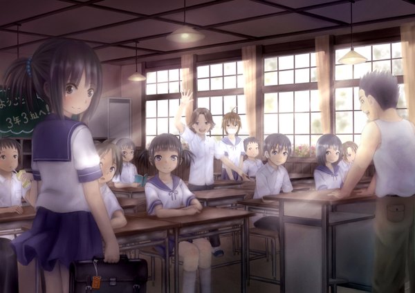 Anime picture 1684x1191 with original taka (tsmix) blush short hair black hair brown hair sitting multiple girls black eyes multiple boys 6+ boys girl boy shirt socks serafuku 4 girls school bag desk 8 boys