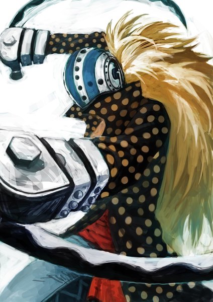 Anime picture 566x800 with one piece toei animation killer (one piece) lack single long hair tall image simple background blonde hair white background polka dot fighting stance boy weapon cloak mask