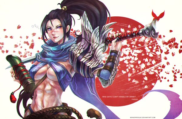 Anime picture 3504x2300 with league of legends yasuo (league of legends) monori rogue single long hair highres breasts light erotic black hair purple eyes absurdres ponytail light smile lips bare belly midriff scar genderswap girl navel
