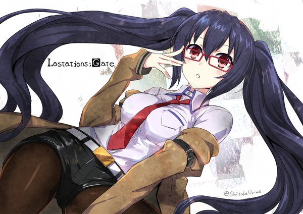 Anime picture 1052x744 with choujigen game neptune steins;gate white fox makise kurisu noire shiitake urimo single long hair looking at viewer blush fringe breasts twintails signed purple hair parted lips inscription adjusting glasses makise kurisu (cosplay) girl