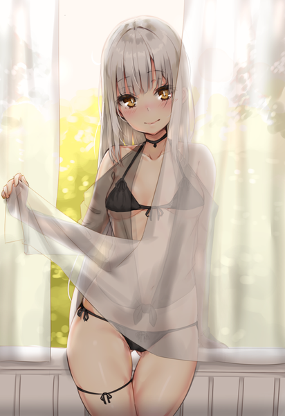 Anime picture 1099x1600 with original reinama single long hair tall image looking at viewer blush fringe breasts light erotic smile hair between eyes standing holding yellow eyes silver hair head tilt arm support thigh gap underboob