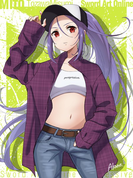 Anime picture 3000x4000 with sword art online sword art online progressive a-1 pictures mito (sao) akane (akaneoekaki0928) single long hair tall image looking at viewer highres red eyes signed ponytail long sleeves midriff open shirt copyright name character names sleeves past wrists adjusting hat