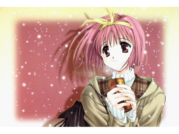 Аниме картинка 1024x768 с для сердца kamigishi akari tagme (artist) один (одна) короткие волосы держать смотрит в сторону розовые волосы розовые глаза обои на рабочий стол снегопад зима девушка куртка повязка на волосы жестяная банка