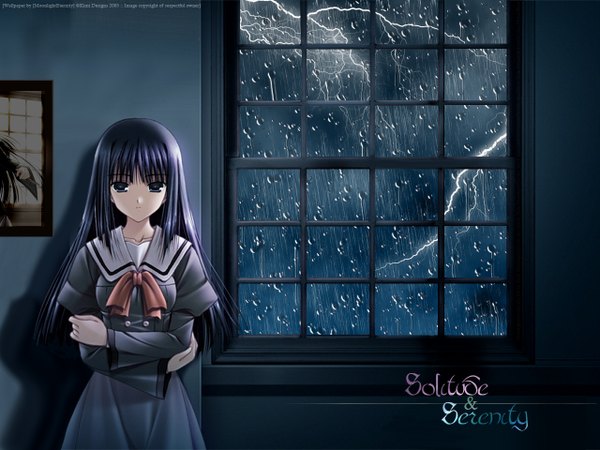 Аниме картинка 1280x960 с innocence pain mikoshiba shouko sakaki maki moonlighteternity один (одна) длинные волосы смотрит на зрителя подписанный в помещении тень скрещенные руки молния 2005 девушка сэрафуку окно капли воды картина