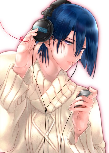 Anime picture 860x1209 with uta no prince-sama a-1 pictures hijirikawa masato porry single tall image looking at viewer short hair simple background white background purple eyes blue hair boy headphones sweater wire (wires) thread red thread