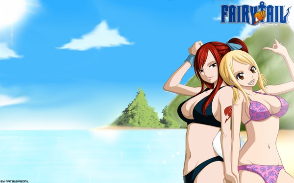 Anime picture 1280x800 with fairy tail lucy heartfilia erza scarlet natsudrgonil long hair light erotic blonde hair wide image multiple girls brown eyes sky cloud (clouds) ponytail red hair inscription tattoo beach coloring holding hands back to back