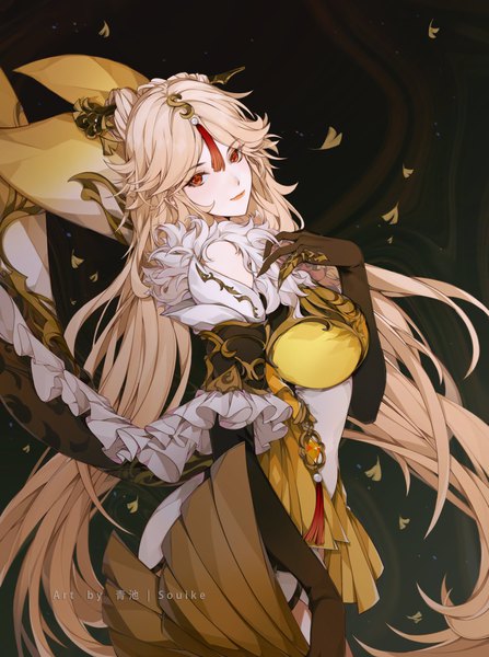 Anime picture 2014x2702 with genshin impact ningguang (genshin impact) souike single tall image looking at viewer highres blonde hair red eyes signed very long hair light smile hand on chest girl gloves black gloves elbow gloves frills leaf (leaves) tassel
