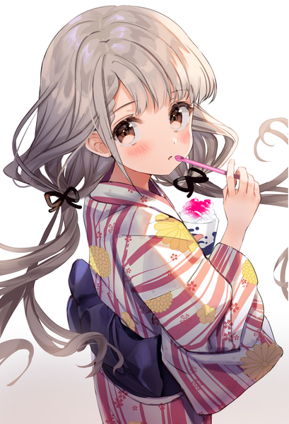 Anime picture 1447x2121 with idolmaster idolmaster cinderella girls idolmaster cinderella girls starlight stage hisakawa nagi kanda done single long hair tall image looking at viewer blush simple background white background twintails brown eyes traditional clothes japanese clothes grey hair low twintails turning head girl