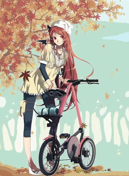 Anime picture 880x1200 with original vofan single long hair tall image looking at viewer blush smile red eyes brown hair standing sky bat wings fashion girl flower (flowers) plant (plants) hat wings tree (trees)