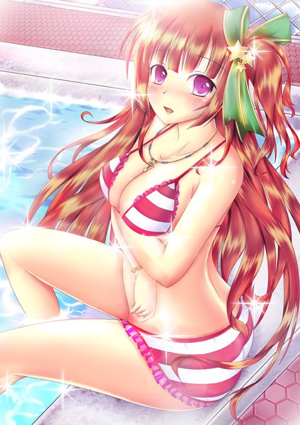 Anime picture 707x1000 with original version999 single long hair tall image looking at viewer blush fringe breasts open mouth light erotic smile large breasts sitting purple eyes bare shoulders payot blunt bangs :d profile