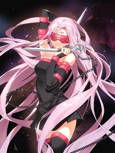 Anime picture 1000x1329 with fate (series) fate/grand order fate/stay night rider ronopu single tall image breasts standing bare shoulders holding pink hair very long hair zettai ryouiki facial mark covering eye (eyes) girl dress detached sleeves chain