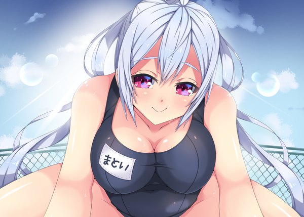 Anime picture 1000x715 with phantasy star phantasy star online 2 sega matoi (pso2) milkpanda single long hair looking at viewer blush breasts light erotic smile red eyes silver hair girl swimsuit one-piece swimsuit school swimsuit