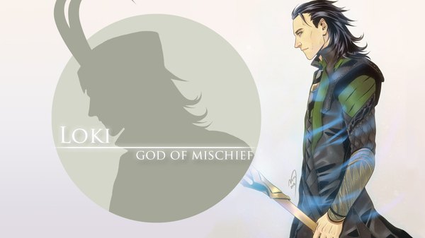 Anime picture 1920x1080 with thor marvel comics loki (thor) noiry single long hair highres black hair wide image green eyes signed profile horn (horns) inscription wallpaper silhouette boy staff