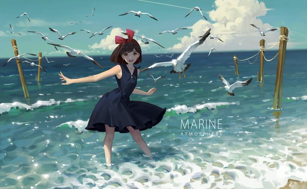Anime picture 1920x1184 with kiki's delivery service studio ghibli kiki yushengxue single looking at viewer highres short hair open mouth smile brown hair wide image brown eyes sky cloud (clouds) outdoors :d sleeveless beach girl