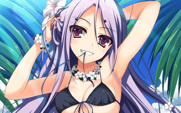 Anime picture 1680x1050 with akatsuki no goei mai (akatsuki no goei) tomose shunsaku single long hair looking at viewer highres breasts light erotic smile red eyes holding sky purple hair cloud (clouds) hair flower arms up armpit (armpits) mouth hold adjusting hair