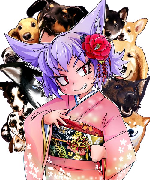 Anime-Bild 2756x3307 mit original noroiken (doitsuken) dog child (doitsuken) doitsuken single tall image looking at viewer highres short hair simple background smile red eyes white background animal ears purple hair long sleeves traditional clothes head tilt japanese clothes hair flower