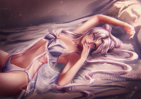 Anime picture 900x636 with bishoujo senshi sailor moon toei animation queen serenity axsen single looking at viewer blush light erotic twintails purple eyes signed silver hair lying very long hair arm up realistic hair bun (hair buns) watermark arched back hand to mouth