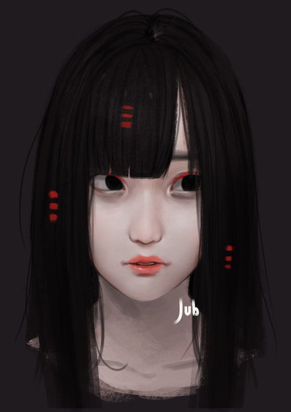 Anime picture 1240x1754 with original alyssa (jubi) jubi (regiana) single long hair tall image fringe black hair signed looking away blunt bangs parted lips black eyes realistic lipstick portrait red lipstick girl hairclip