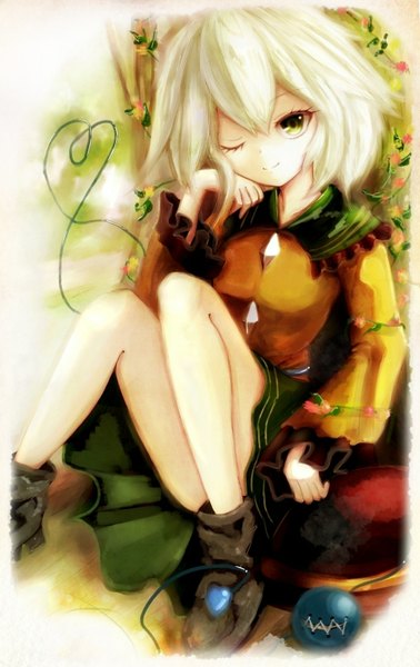 Anime picture 1015x1612 with touhou komeiji koishi basilis9 single tall image looking at viewer short hair smile sitting green eyes white hair one eye closed wink hat removed headwear removed girl skirt flower (flowers) shoes green skirt
