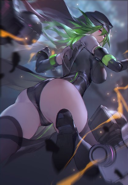 Anime picture 1329x1919 with tower of fantasy xinghuan (tower of fantasy) swd3e2 single long hair tall image fringe breasts light erotic hair between eyes large breasts green eyes signed looking away bent knee (knees) ass pink eyes looking back from behind blurry