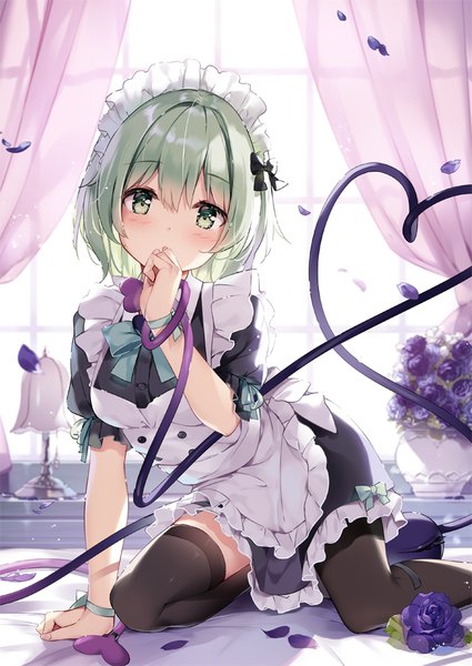 Anime picture 666x941 with touhou komeiji koishi miyase mahiro single tall image looking at viewer blush fringe short hair open mouth green eyes bent knee (knees) indoors head tilt arm up green hair blurry arm support :o short sleeves