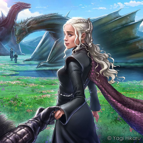 Anime picture 1000x1000 with a song of ice and fire daenerys targaryen john snow tyrion lannister missandei yagi hikaru long hair open mouth blonde hair standing purple eyes multiple girls signed payot sky cloud (clouds) full body outdoors braid (braids) looking back